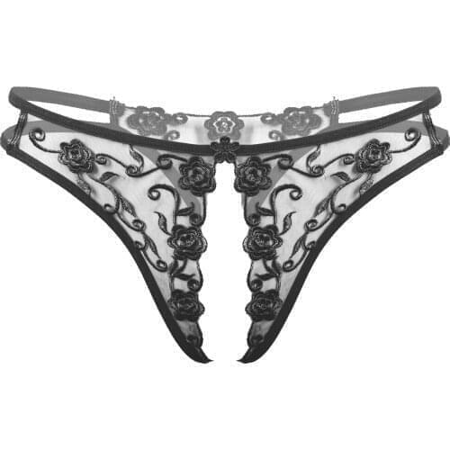 Women Embroidery Crotchless Panties Sexy Lace Lingerie Underwear Low Waist See-through T-back Briefs Erotic Thong Underpant