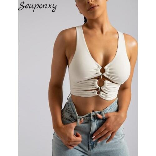 High Quality WomenS Sexy Sleeveless V-Neck Hollow Fashion Bandage Vest 2021 Summer Elegant Black Celebrity Party Short Top