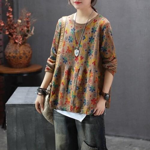 Autumn Sweater Women Loose Knitting Pullovers 2019 New Female Retro Tops O-Neck Long-sleeved Print Casual Sweater Mori girl