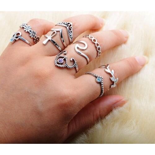 10 Pcs/Set Retro Crystal Silver Plated Rhinestone Hollow Flower Leaf Cross Midi Rings Boho Punk Summer Beach Jewelry #243983