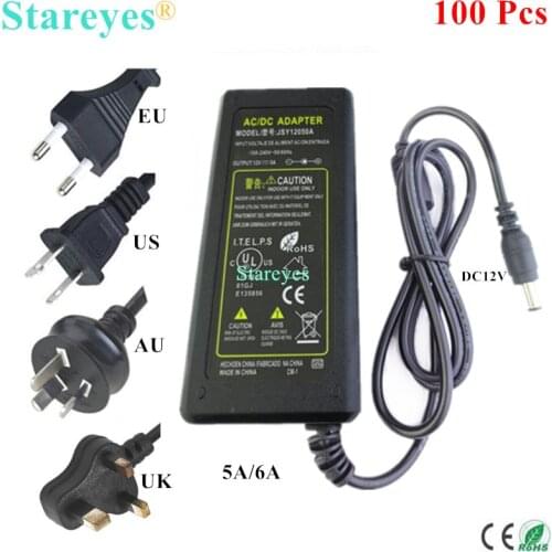100 Pieces AC100-240V to DC 12V 5A 6A EU US AU UK plug Power Adapter Supply Charger LED Lighting Transformers For LED Strip