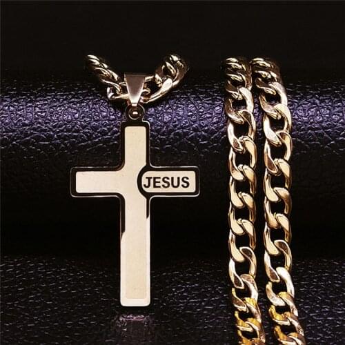 2021 Hip Hop Jesus Cross Stainless Steel Necklaces Gold Color Long Statement Necklace Women/Men Jewelry cadenas de oro NXS05