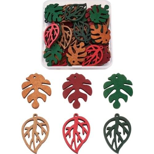 48pcs/box Wooden Pendants Natural Wood Leaf Charms Mixed Color Dyed Leaves For DIY Necklace Earrings Jewelry Making Accessories