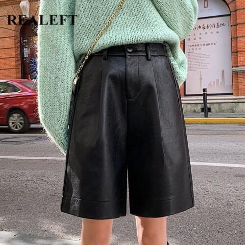 REALEFT 2020 New Autumn Winter PU Leather Street Half Pants Bermuda High Waist Wide Leg Pants Vintage Trousers Pocket Plus Size
