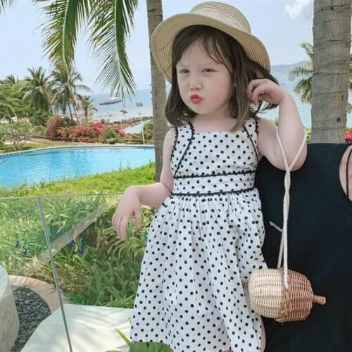 2020 Sleeveless Summer Dress for Kids Square Collar Casual A-Line Dress Dot Print Spaghetti Strap Dress Knee-Length Clothing