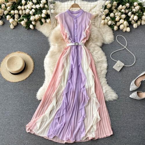 Elegant Womens Chiffon Pleated Dress Ruffled Sleeveless Stand Collar Single-Breasted Purple Mixi Dress 2021 Female Vestidos