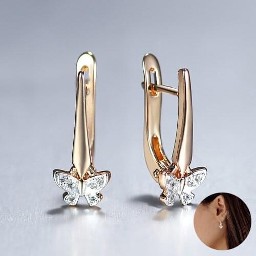 Elegant Butterfly Earrings For Women 585 Rose Gold Cute Drop Dangle Earrings CZ Rhinestone Paved Fashion Jewelry Gift LGE346