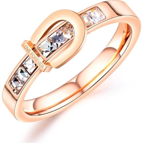 Europe and The United States New Titanium Steel-encrusted Zircon-plated Rose Gold Ring Fashion LOVE FOREVER Womens Rings
