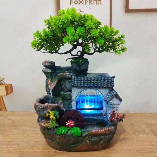 Feng Shui Waterfall Fountain Crafts Resin Rockery Flowing Ornament With Led Light Meditation Indoor Desktop Home Decoration