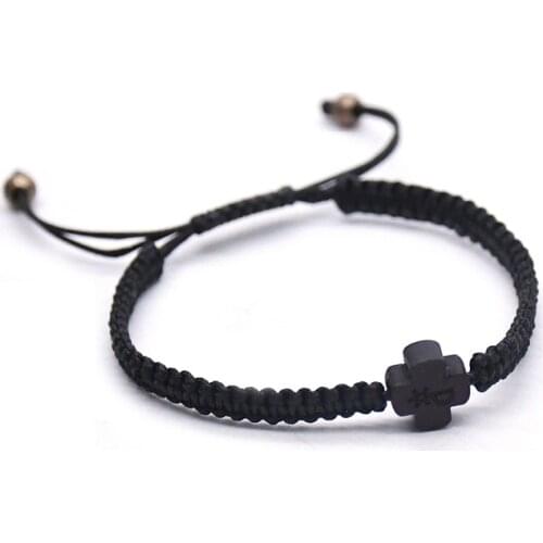 Christ Logo Wood Cross Rosaries Bracelet Adjustable Braided Black Rope Chain Bracelets for Women Religious Christian Jewelry