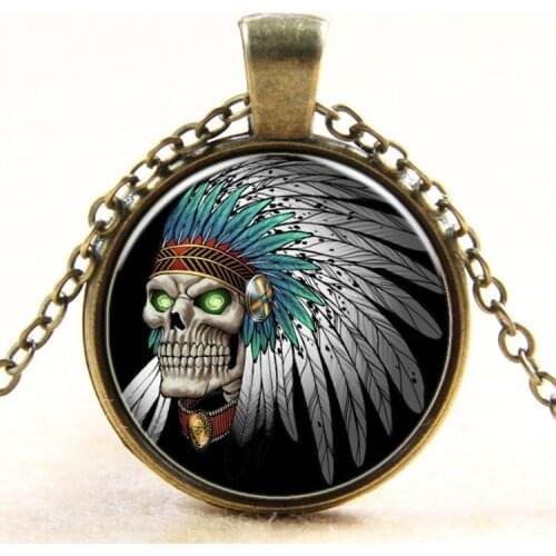 Hot Newest Style Round Indian Skull Glass pendant necklace vintage bronze art Photo Glass Dome Gothic necklaces Ethnic jewelry