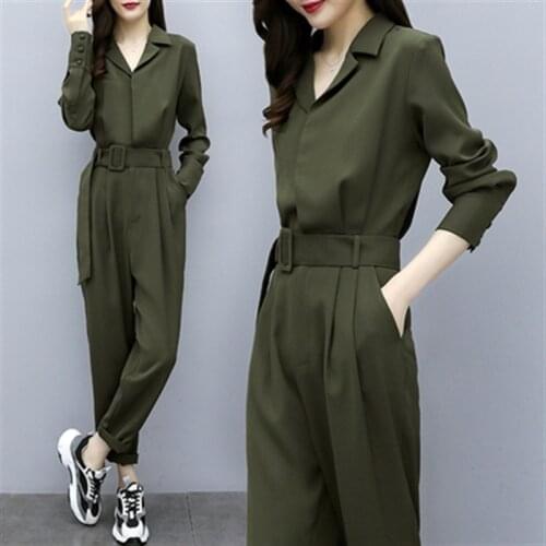 Army Green Jumpsuit Long Sleeve Lapel Boiler Suit Belt Overalls Paysuits Ol Office Work Elegant Jumpsuits Women Dungarees AA5000