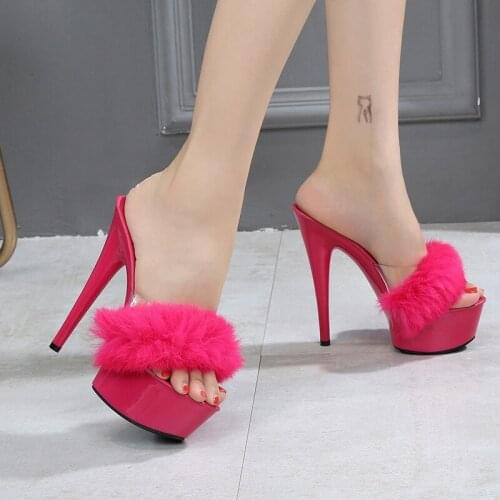 Fur Slippers Women Shoes Rabbit Hair Super High-heeled 15cm Shoes 2020 Slim-heeled Sexy Black Waterproof Platform Femlae Shoes