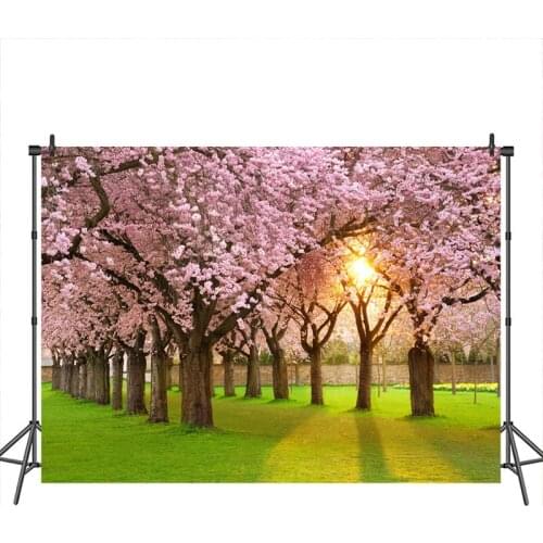 Neoback Spring Backdrop Cherry Tree Forest Grass Land Photo Booth Backgrounds for Photocall Studio Photographic