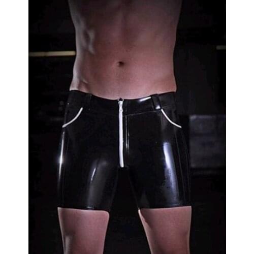 Fashion Sexy Latex Mens Short Panties Black Fetish Rubber Boxer With Zipper Plus Size Hot Sale