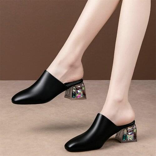 Women Genuine Leather Square Toe Slippers Female Wedding Party Chunky High Heels Mules Summer Outdoor Pumps Shoes Casual Shoes