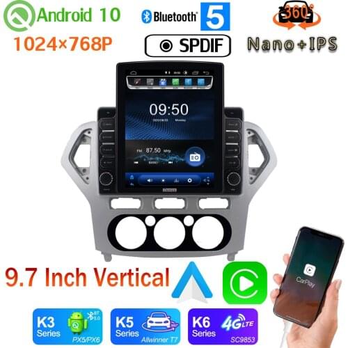 Nano+IPS 9.7" Vertical Style Car Media CarPlay GPS CarPlay Android 10 360 Camera Radio For Ford Mondeo 2007-2010 MT AT PX6 4+64G