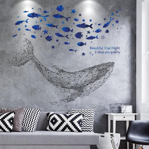 Blue Fish Stars Wall Stickers DIY Whale Animal Mural Decals for Kids Rooms Baby Bedroom Nursery Home Decoration