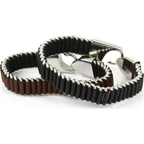 New Brand Wholesale Fashion Punk Pulseira Masculina Genuine Leather and Stainless Steel Link Bangles & Bracelets Christmas Gift