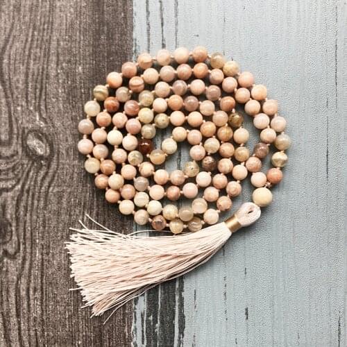 Romantic Tassel Jewelry Gift For Her 108 Beads Energy Sunstone Mala Necklace Boho Style Knotted Yoga