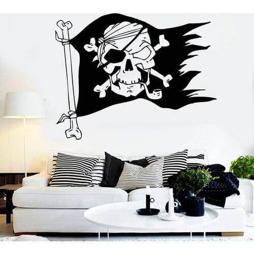 Jolly Roger Pirate Flag Skull Bones Stickers for Boys Bedroom Removable Vinyl Wall Decals Home Decoration Man Cave Poster D992