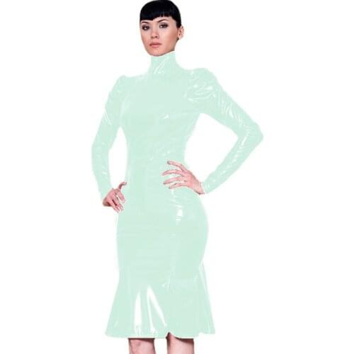 Long Sleeve Faux Leather PVC Dress for Women Sexy Fishtail Women Officewear Knee-Length Lady Dress with Zipper Plus Size 7XL