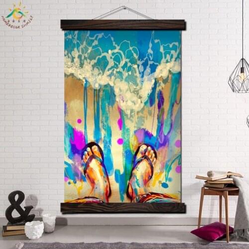 Sunny Beach Slippers Modern Wall Art Print Pop Art Picture And Poster Solid Wood Hanging Scroll Canvas Painting Home Decor