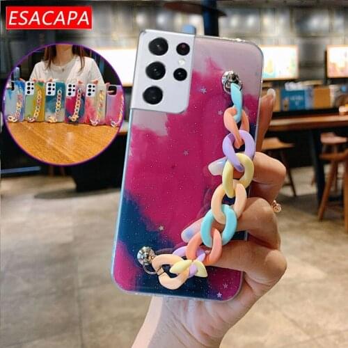 Wrist Chain Silicone Cover For Samsung S21 S20 Ultra Glitter Gradient Watercolor Wristband Soft Phone Case For Galaxy S20 FE
