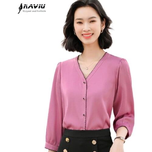 Light Purple Chiffon Shirt Women Summer New Fashion Temperament Half Sleeve V Neck Blouses Office Ladies Formal Work Tops