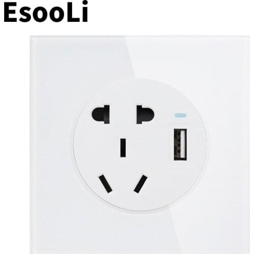 Esooli 3 colors Crystal Glass Panel 10A Wall Outlet Universal 5 Hole Power Socket With USB Fast Charging Port DC 5V 2.1A