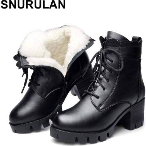 SNURULAN 2019 Women winter boots winter high heel ankle boots Women Warm platform shoes genuine leather boots with fur