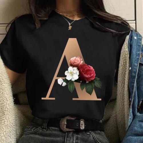 NEW Women T Shirts Custom Name Letter Combination Womens T-shirt Tshirt Flower Letter Font A B C D E F G Black Tees T-shirts