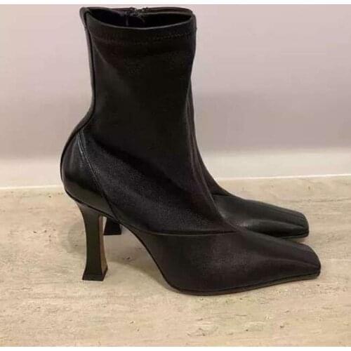 Womens High Heels Square Toe Side Zipper Mid Calf Riding Boots PU Leather Stilettos Sexy Luxury Shoes Black Wine Red New