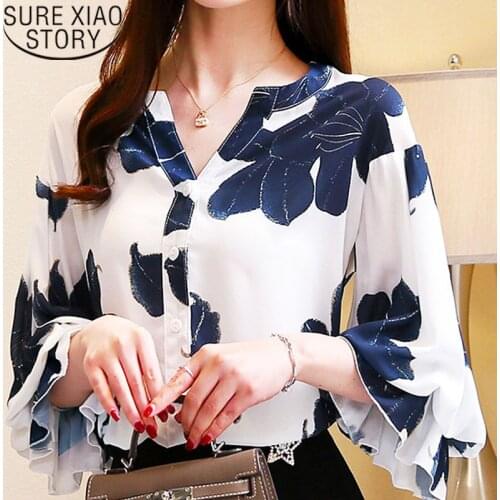 Womens tops and blouses plus size white blouse harajuku ladies tops chiffon blouse V-Neck Floral Puff Sleeve shirts 2878 50