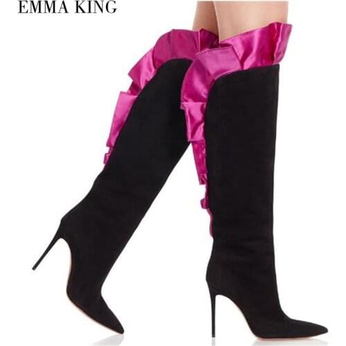Women Patchwork Ruffled Long Boots Knee High Suede Boots Pink Black Women Autumn and Winter Stiletto Heel Slip On Boots Women