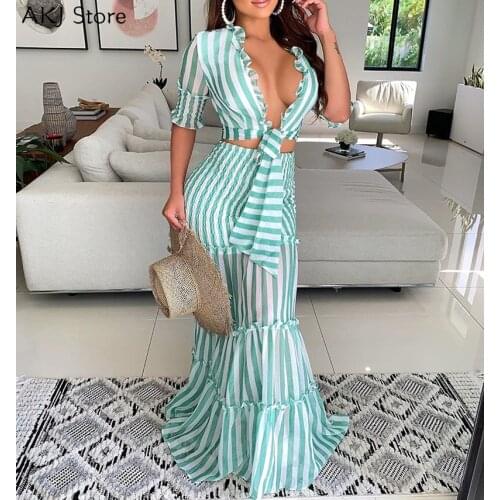 Women Sexy Tied Front Striped Crop Top and Ruffle Maxi Skirt Two-piece Set