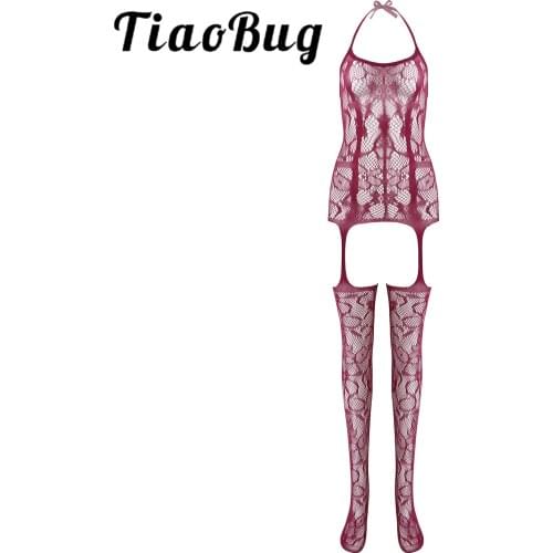 Women Lingerie Hot Sexy Bodystocking See-through Mesh Halter Lace-up Hollow Out Crotchless Cutout Erotic Sexy Bodysuit Nightwear