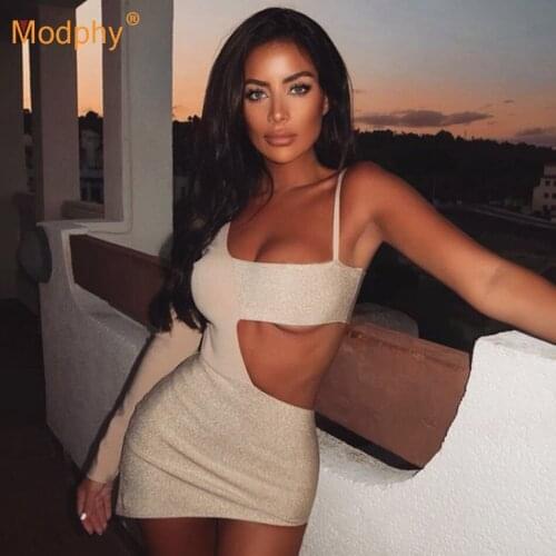 2021 Spring Sexy One Shoulder Long Sleeve Backless Hollow Bodycon Bandage Dress Elegant Womens Club Evening Party Dress Vestido