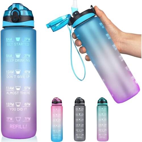 1L Water Bottle Motivational Drink Flask With Time Markings BPA Free Gradient Color Sports Bottle Jump Cover Portable Water Cup