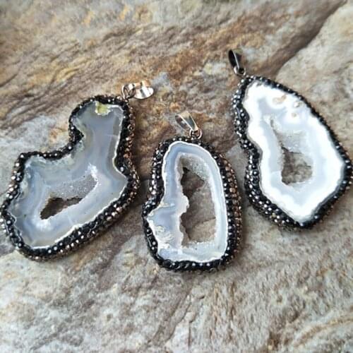 10pcs Natural geode druse stone Pendant,Pave crystal Rhinestone Druzy Charm DIY Making necklace Jewelry finding PD628