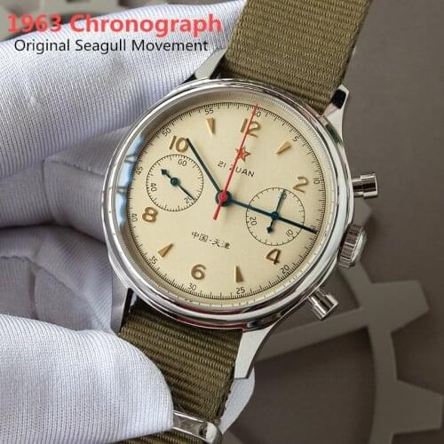 38/40mm Chronograph Vintage Mens Watch Pilots Acrylic Sapphire ST19 Seagull 1963 Manual Winding Mechanical Wristwatches Military