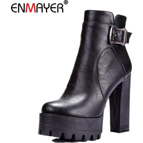 ENMAYER Women Boots Punk Buckle Round Toe High Square Heel Ankle for Platform Big Size 34-42