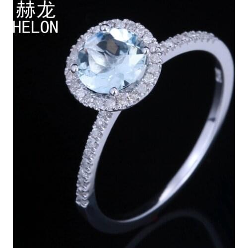 Sterling silver 925 Flawless Round 6mm 0.68ct Genuine Aquamarine Real Diamond Engagement Wedding Halo Fine Jewelry Gemstone Ring