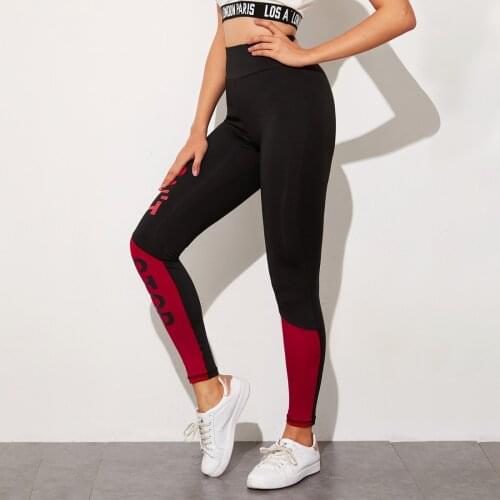 Simple Red Letter Print Women Black Leggings Casual Fitness Ladies Workout High Waist Long Leggings Trousers