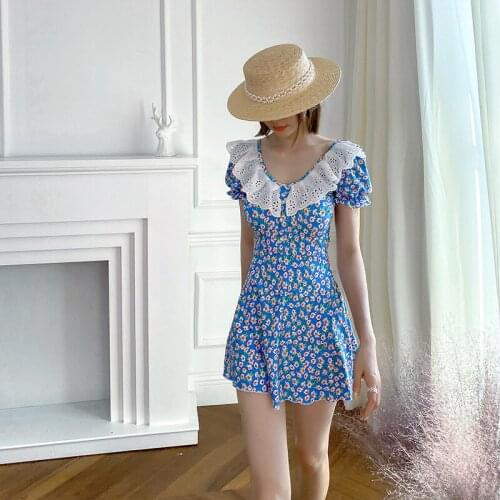 2021 New Korean Style One-piece Womens Swimsuit High-waisted Print Swimwear Sweet Backless Bathing Suit Bikinis