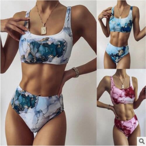 New Sport Bandeau Push Up Bikinis Sexy Marble Women Swimsuit High Waist Swimwear Women Bathing Suit Beach Wear