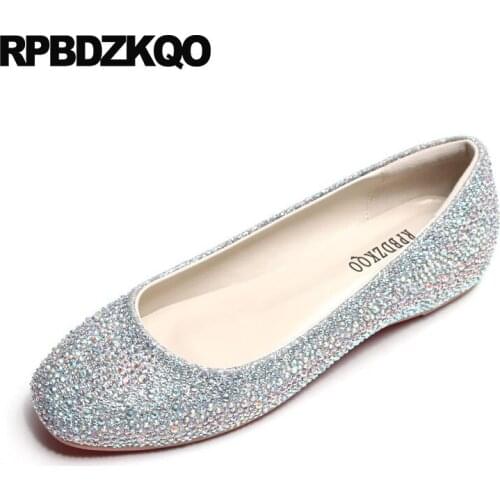 Genuine leather silver crystal flats big size slip on large square toe women dress shoes 10 rhinestone china designer 42 party