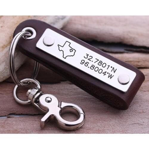Personalized GPS Coordinate keychain - Leather Latitude Longitude keychain - Leather State Map key chain - Gift for Him