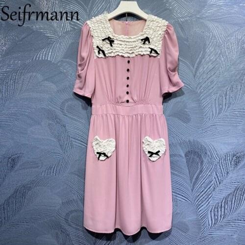 Seifrmann New 2021 Summer Women Fashion Designer Party Midi Dress Lantern Sleeve Bow Lace Ruffles Button Solid Ladies Dresses