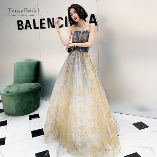 2020 Luxury Prom Dress A Line Sleeveless Strapless Blue Gold Tulle Sequins Pleated Classic Long Formal Evening Gown JQ676